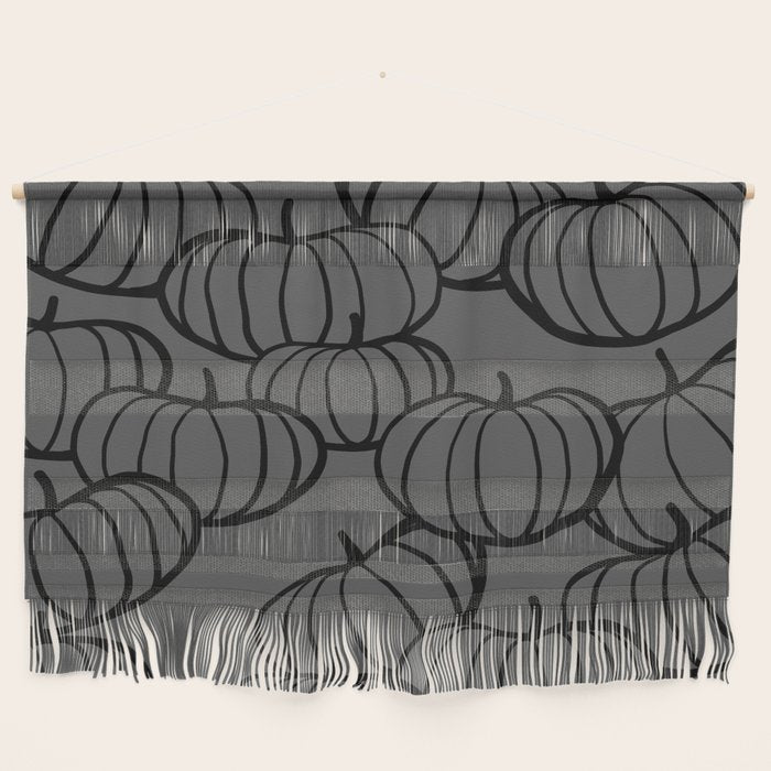 Retro Line-art Pumpkin Fall Pattern - black on grey Wall Hanging Gallery Image 1