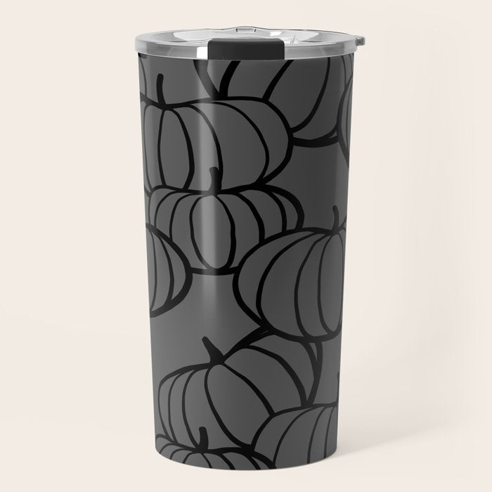 Retro Line-art Pumpkin Fall Pattern - black on grey Travel Mug Gallery Image 1
