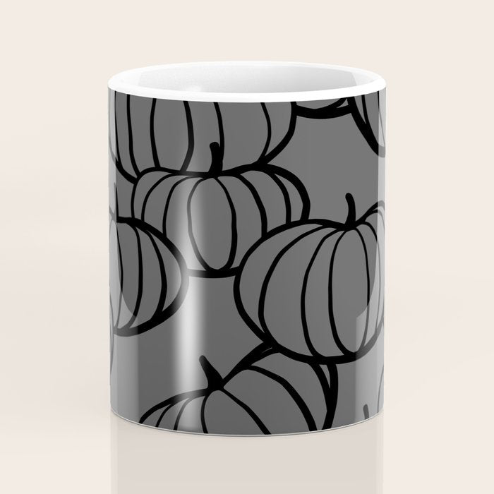 Retro Line-art Pumpkin Fall Pattern - black on grey Coffee Mug Gallery Image 4