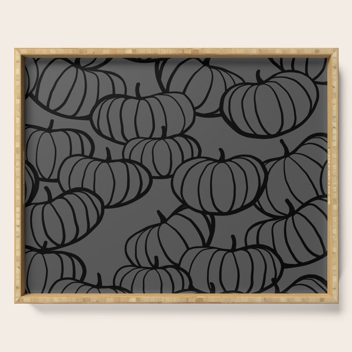Retro Line-art Pumpkin Fall Pattern - black on grey Serving Tray Gallery Image 1