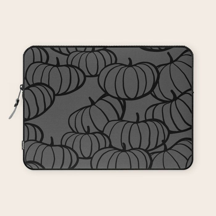 Retro Line-art Pumpkin Fall Pattern - black on grey Laptop Sleeve Gallery Image 1
