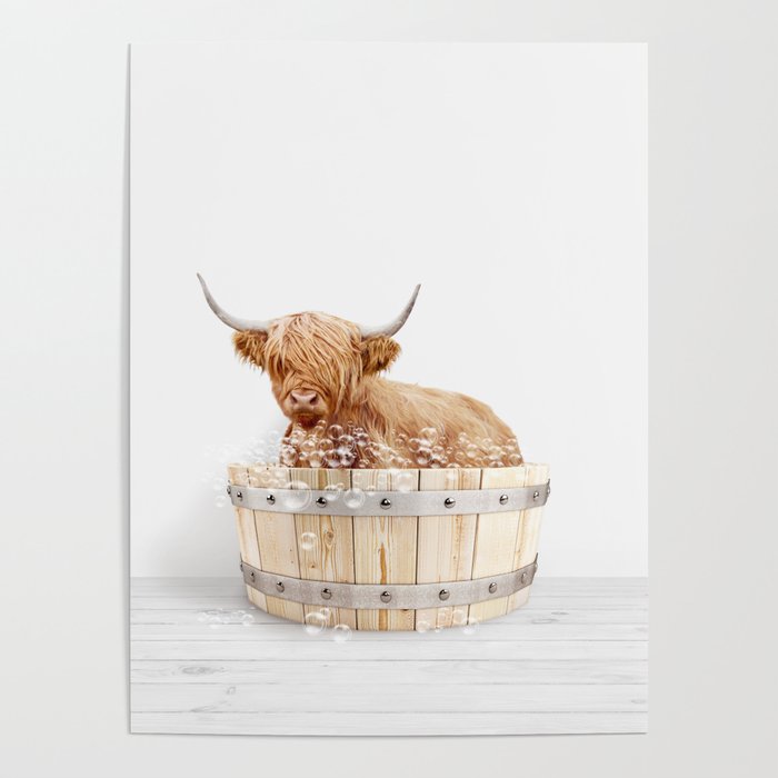 Highland Cow in a Wooden Bathtub, Cow Taking a Bath, Bathtub Animal Art Print By Synplus Poster Gallery Image 1