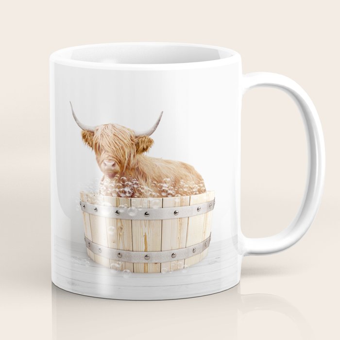 Highland Cow in a Wooden Bathtub, Cow Taking a Bath, Bathtub Animal Art Print By Synplus Coffee Mug Gallery Image 1