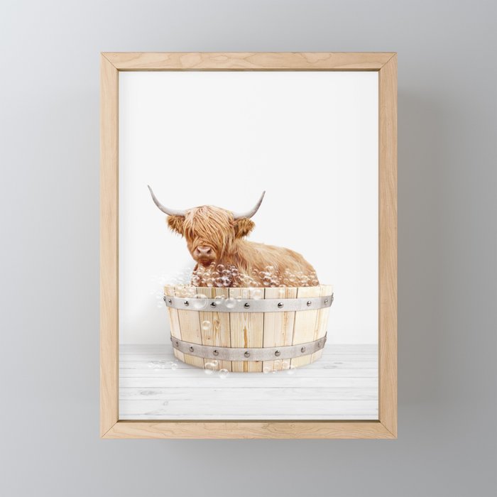 Highland Cow in a Wooden Bathtub, Cow Taking a Bath, Bathtub Animal Art Print By Synplus Mini Art Print Gallery Image 1