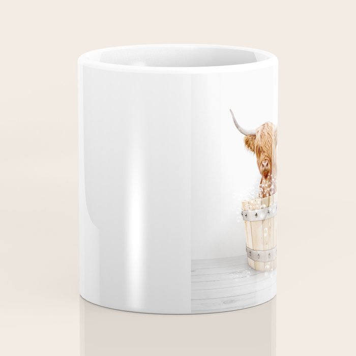 Highland Cow in a Wooden Bathtub, Cow Taking a Bath, Bathtub Animal Art Print By Synplus Coffee Mug Gallery Image 4