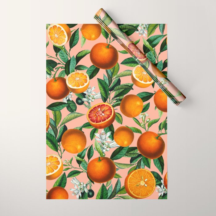 Oranges Pink Vintage Botanical Wrapping Paper Gallery Image 1