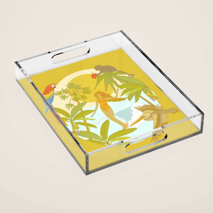 Pura vida jungle by the sea // retro surf art by surfy birdy Acrylic Tray Gallery Image 1