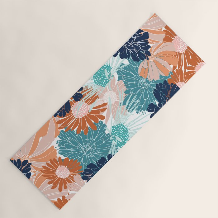 Floral Print, Teal, Navy Blue, Pink, Terracotta, Artists Print Yoga Mat Gallery Image 1