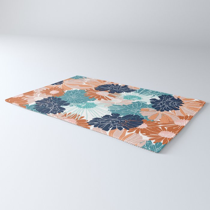 Floral Print, Teal, Navy Blue, Pink, Terracotta, Artists Print Rug Gallery Image 3