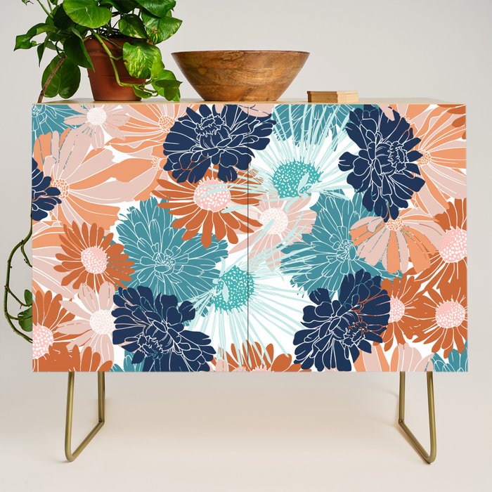Floral Print, Teal, Navy Blue, Pink, Terracotta, Artists Print Credenza Gallery Image 1