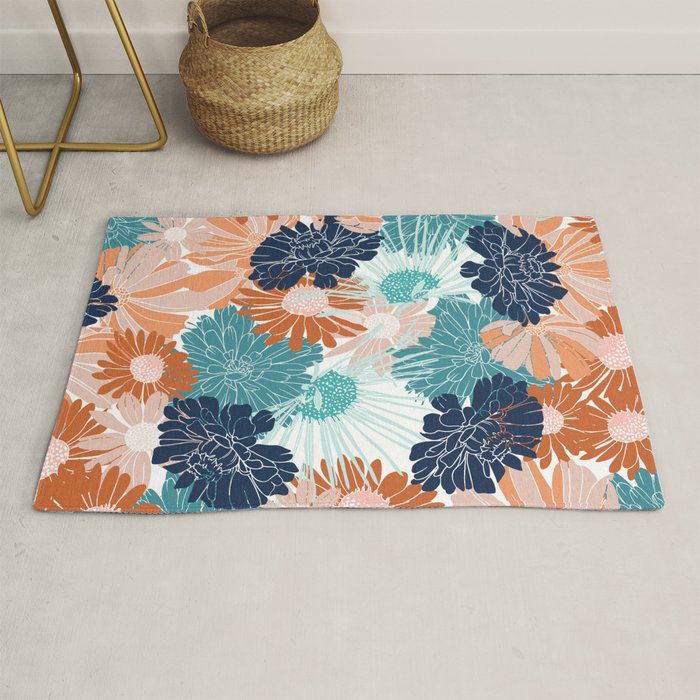 Floral Print, Teal, Navy Blue, Pink, Terracotta, Artists Print Rug Gallery Image 1