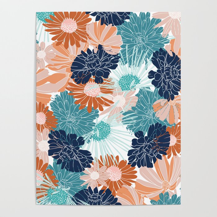 Floral Print, Teal, Navy Blue, Pink, Terracotta, Artists Print Poster Gallery Image 1