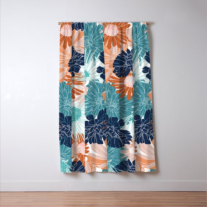 Floral Print, Teal, Navy Blue, Pink, Terracotta, Artists Print Window Curtain Gallery Image 3