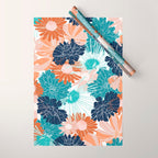 Floral Print, Teal, Navy Blue, Pink, Terracotta, Artists Print Wrapping Paper Gallery Image 1