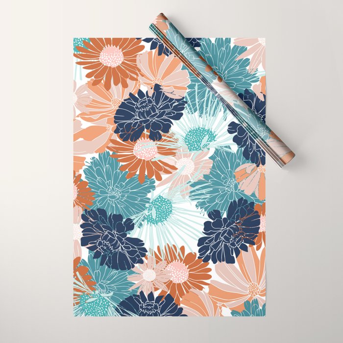 Floral Print, Teal, Navy Blue, Pink, Terracotta, Artists Print Wrapping Paper Gallery Image 1