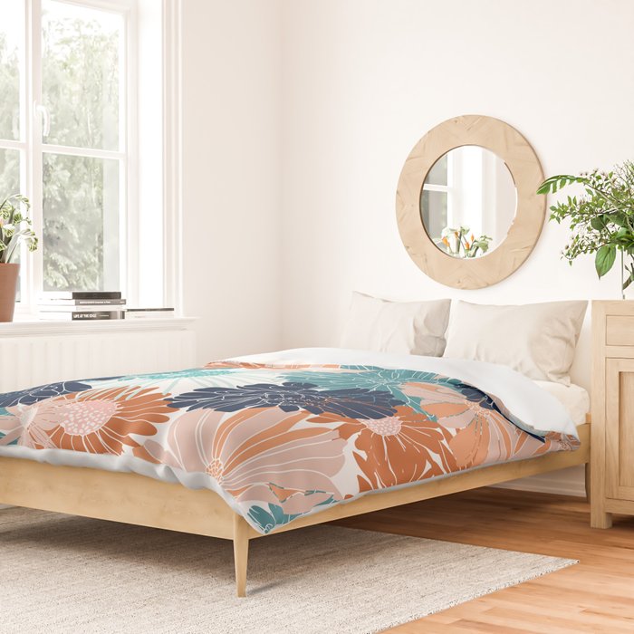 Floral Print, Teal, Navy Blue, Pink, Terracotta, Artists Print Duvet Cover Gallery Image 2