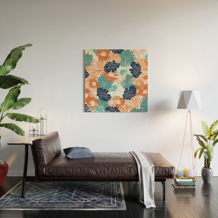Floral Print, Teal, Navy Blue, Pink, Terracotta, Artists Print Wood Wall Art Gallery Image 2