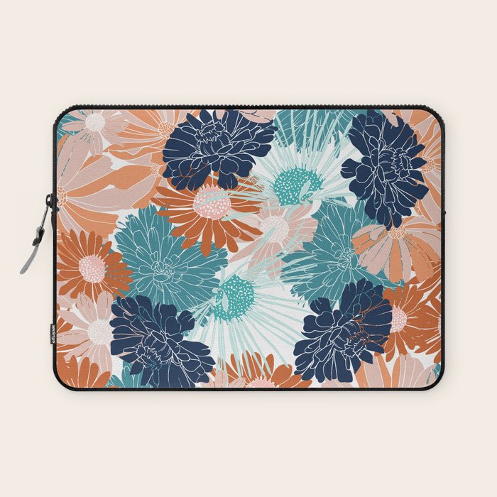 Floral Print, Teal, Navy Blue, Pink, Terracotta, Artists Print Laptop Sleeve Gallery Image 1