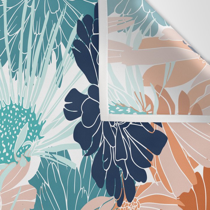Floral Print, Teal, Navy Blue, Pink, Terracotta, Artists Print Wall Tapestry Gallery Image 3