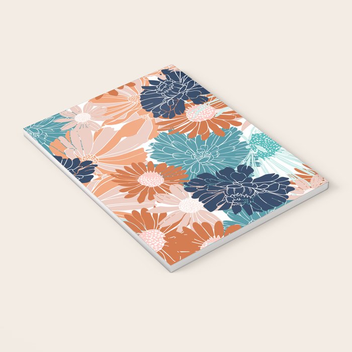 Floral Print, Teal, Navy Blue, Pink, Terracotta, Artists Print Notebook Gallery Image 3