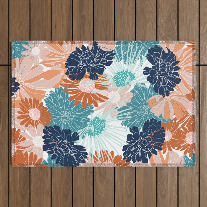 Floral Print, Teal, Navy Blue, Pink, Terracotta, Artists Print Outdoor Rug Gallery Image 1
