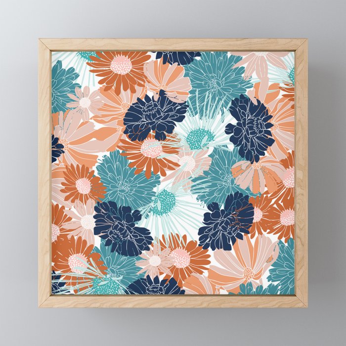 Floral Print, Teal, Navy Blue, Pink, Terracotta, Artists Print Mini Art Print Gallery Image 1