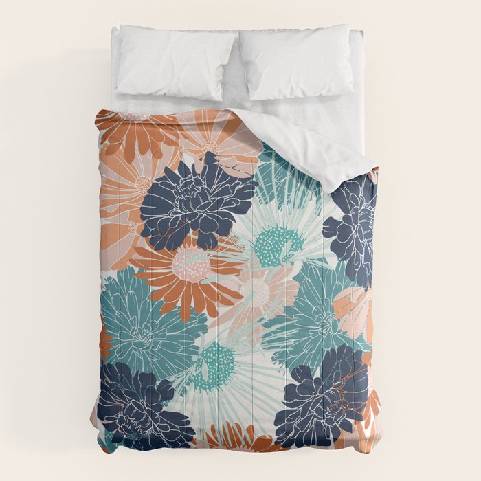 Floral Print, Teal, Navy Blue, Pink, Terracotta, Artists Print Comforter Gallery Image 6
