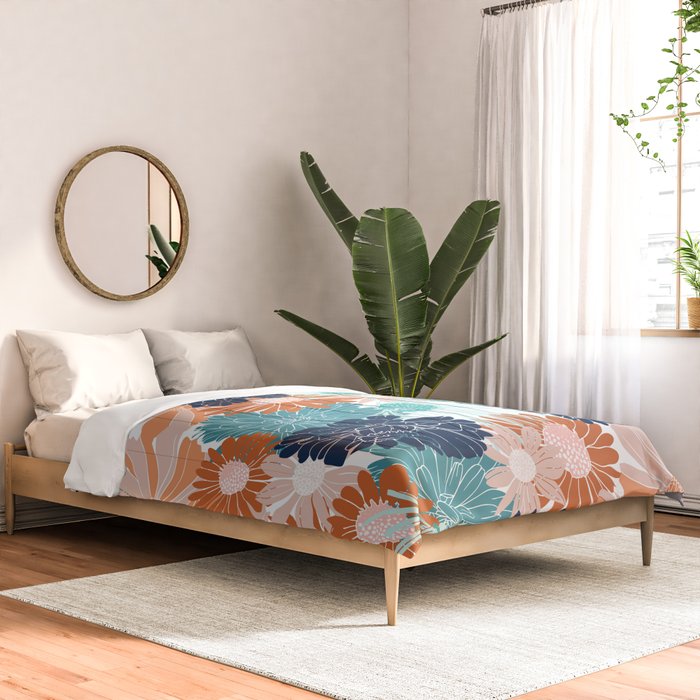 Floral Print, Teal, Navy Blue, Pink, Terracotta, Artists Print Comforter Gallery Image 2