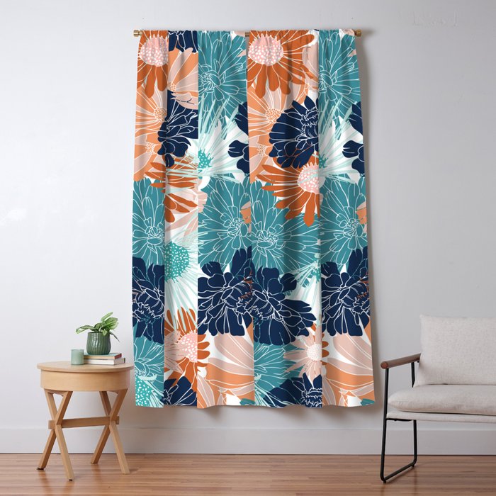 Floral Print, Teal, Navy Blue, Pink, Terracotta, Artists Print Window Curtain Gallery Image 5