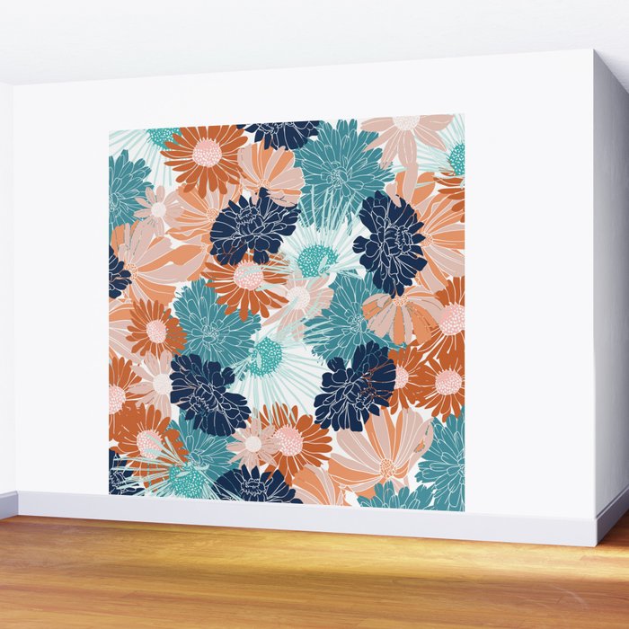 Floral Print, Teal, Navy Blue, Pink, Terracotta, Artists Print Wall Mural Gallery Image 2