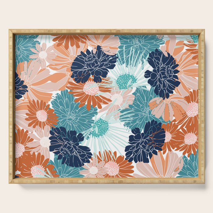 Floral Print, Teal, Navy Blue, Pink, Terracotta, Artists Print Serving Tray Gallery Image 1