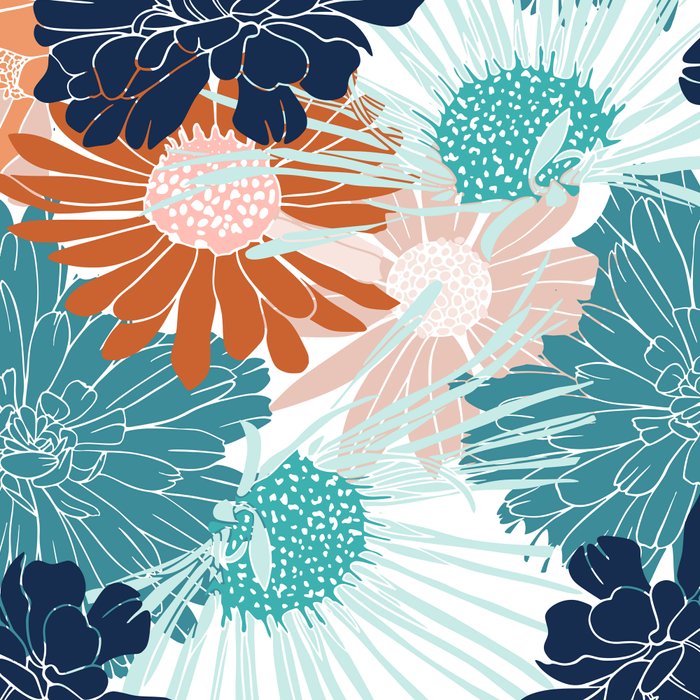 Floral Print, Teal, Navy Blue, Pink, Terracotta, Artists Print Coffee Mug Gallery Image 2