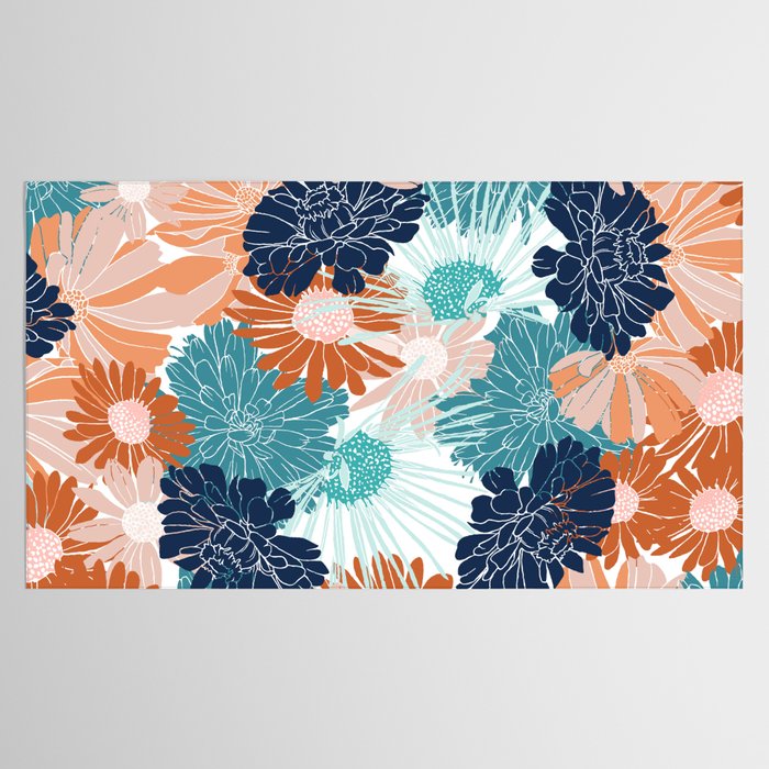 Floral Print, Teal, Navy Blue, Pink, Terracotta, Artists Print Tablecloth Gallery Image 2