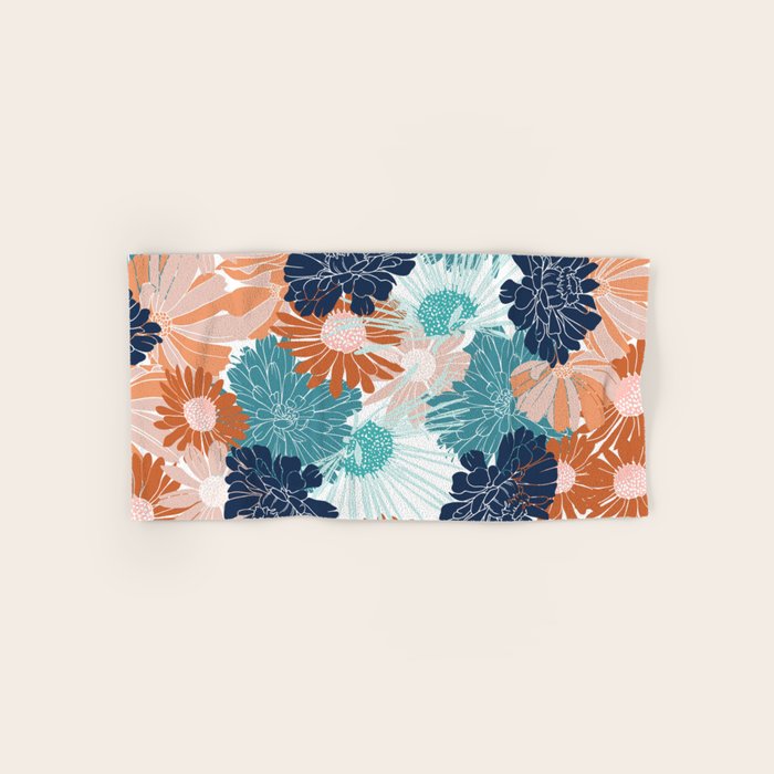 Floral Print, Teal, Navy Blue, Pink, Terracotta, Artists Print Bath Towel Gallery Image 1