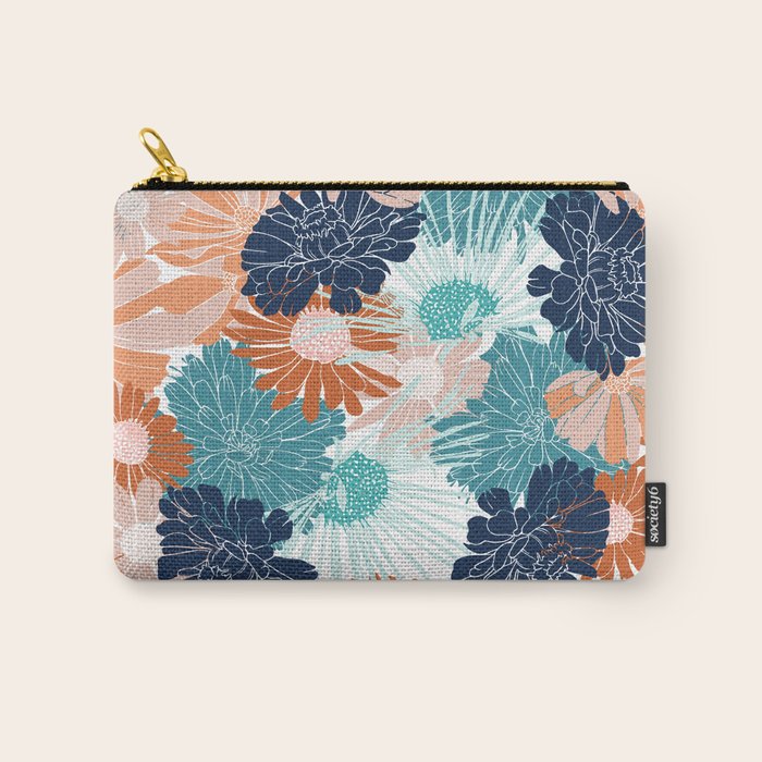 Floral Print, Teal, Navy Blue, Pink, Terracotta, Artists Print Carry All Pouch Gallery Image 1