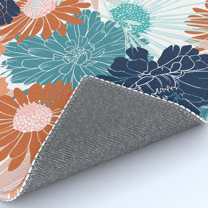 Floral Print, Teal, Navy Blue, Pink, Terracotta, Artists Print Rug Gallery Image 4