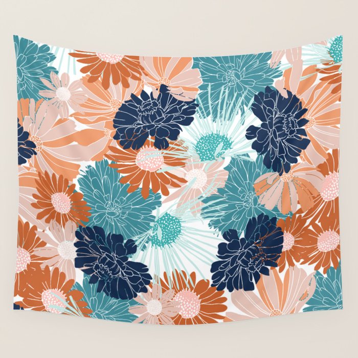Floral Print, Teal, Navy Blue, Pink, Terracotta, Artists Print Wall Tapestry Gallery Image 4
