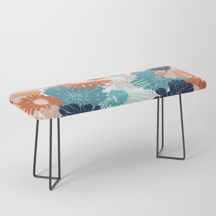 Floral Print, Teal, Navy Blue, Pink, Terracotta, Artists Print Bench Gallery Image 1