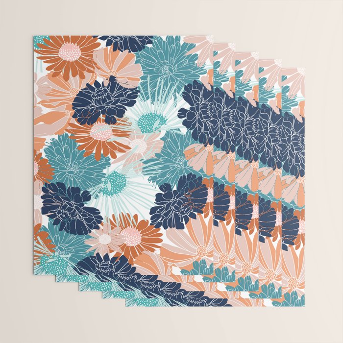 Floral Print, Teal, Navy Blue, Pink, Terracotta, Artists Print Wrapping Paper Gallery Image 3