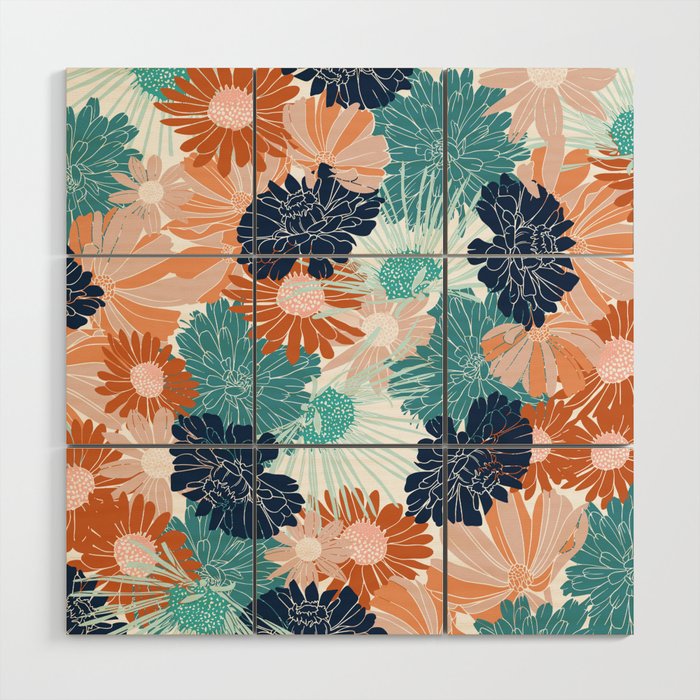 Floral Print, Teal, Navy Blue, Pink, Terracotta, Artists Print Wood Wall Art Gallery Image 1