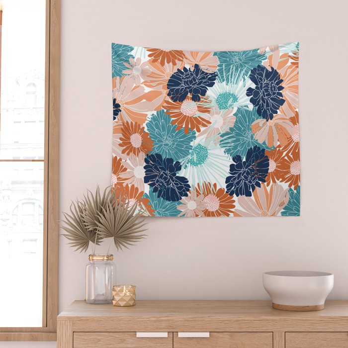Floral Print, Teal, Navy Blue, Pink, Terracotta, Artists Print Wall Tapestry Gallery Image 2