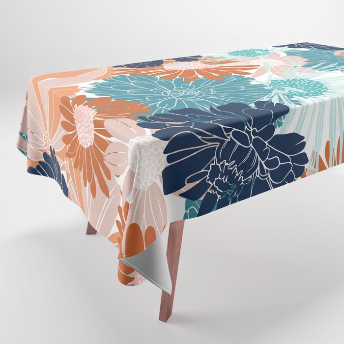 Floral Print, Teal, Navy Blue, Pink, Terracotta, Artists Print Tablecloth Gallery Image 1