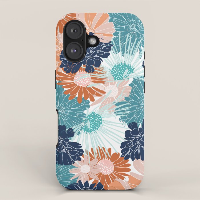 Floral Print, Teal, Navy Blue, Pink, Terracotta, Artists Print iPhone Case Gallery Image 1