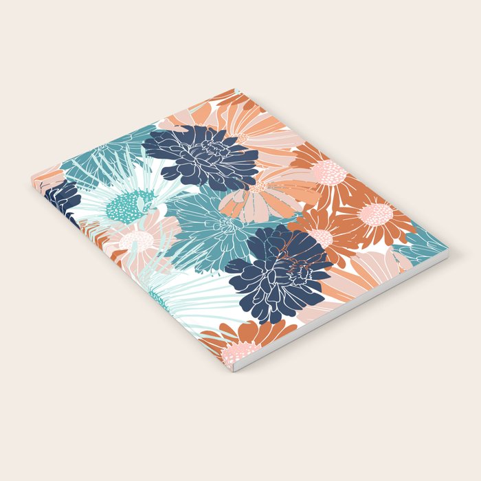 Floral Print, Teal, Navy Blue, Pink, Terracotta, Artists Print Notebook Gallery Image 2