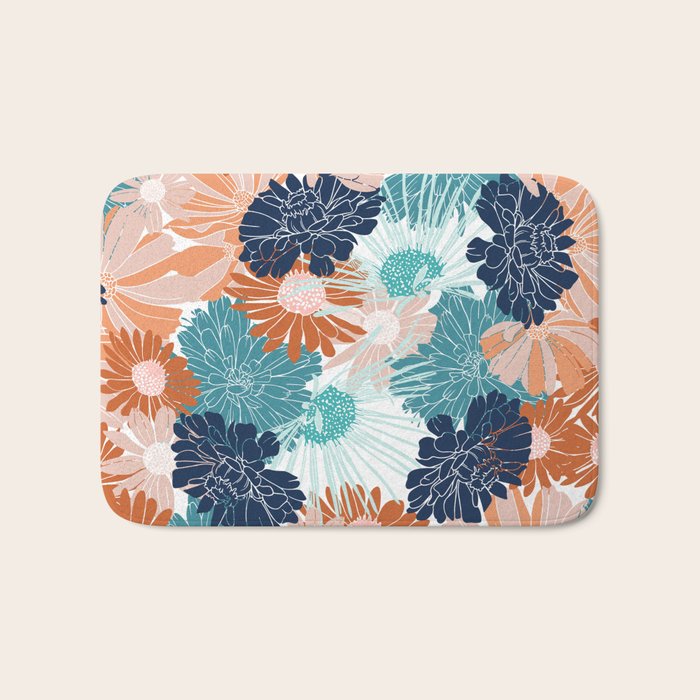 Floral Print, Teal, Navy Blue, Pink, Terracotta, Artists Print Bath Mat Gallery Image 1