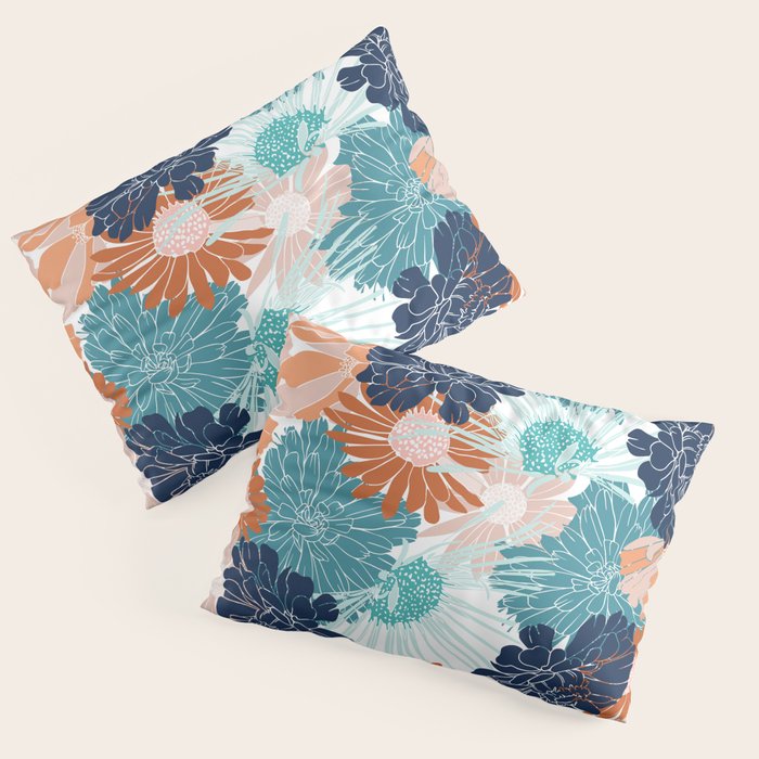 Floral Print, Teal, Navy Blue, Pink, Terracotta, Artists Print Pillow Sham Gallery Image 3