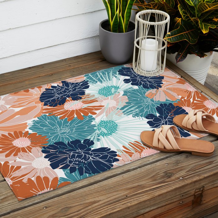 Floral Print, Teal, Navy Blue, Pink, Terracotta, Artists Print Outdoor Rug Gallery Image 2