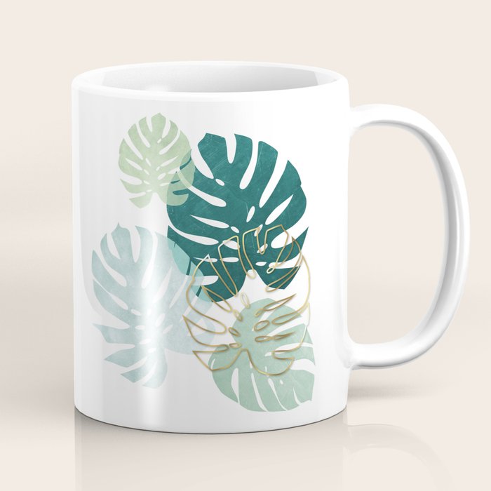 Tropical minimal / green, turquoise and gold monstera Coffee Mug Gallery Image 1