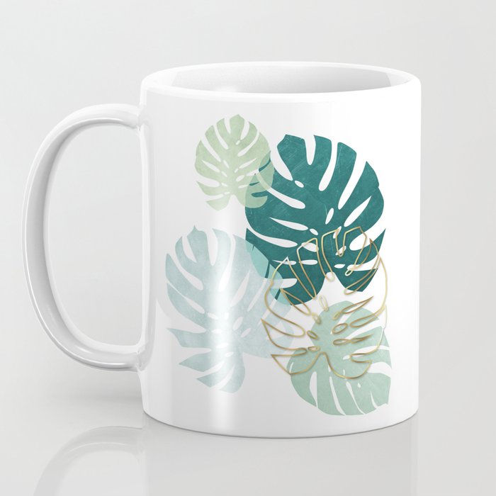 Tropical minimal / green, turquoise and gold monstera Coffee Mug Gallery Image 3