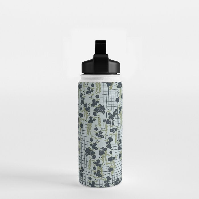 Blue floral with checks Water Bottle Gallery Image 2